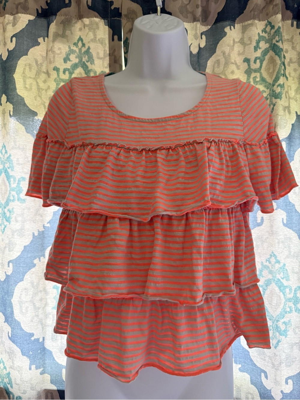 Postmark Anthropologie Grey Orange Striped Tiered Top XS